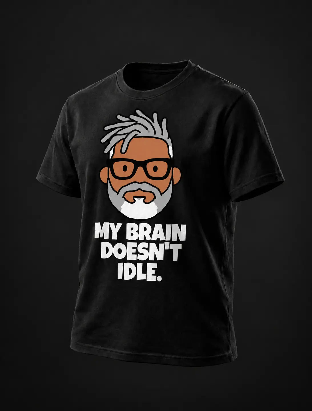MY BRAIN DOESN'T IDLE. Black tee with flat GP head print