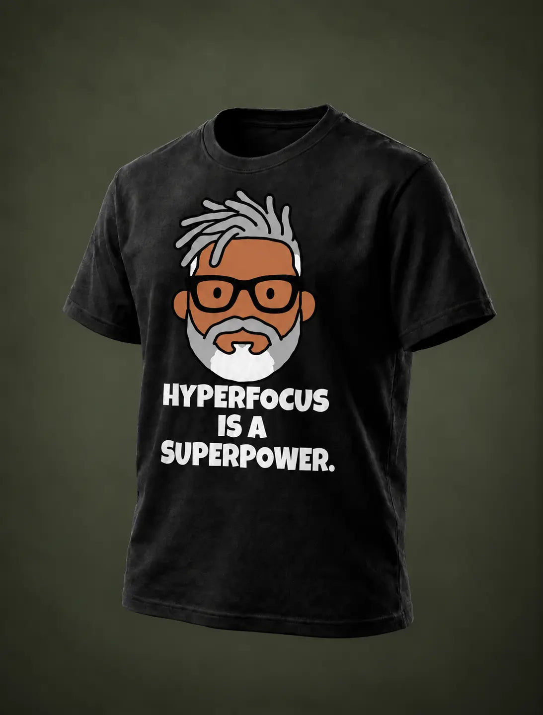 HYPERFOCUS IS A SUPERPOWER. Black tee with flat GP head print