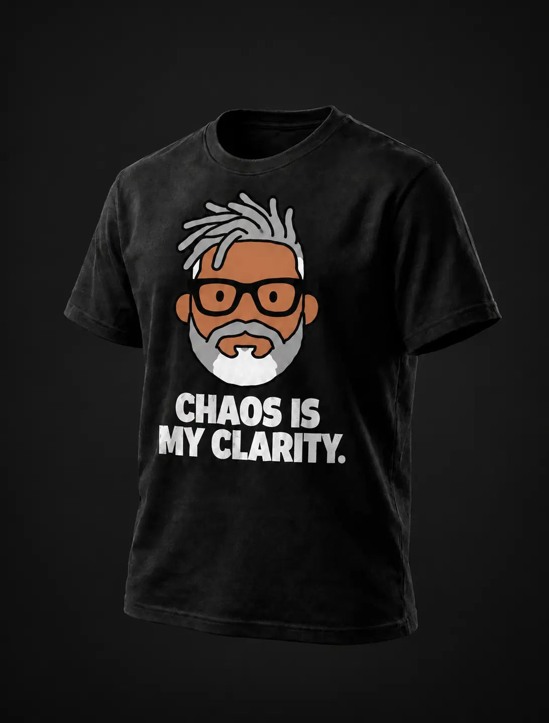 CHAOS IS MY CLARITY. Black tee with flat GP head print