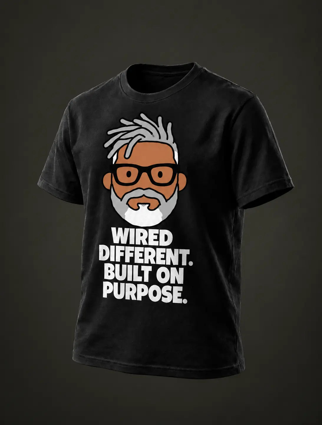 WIRED DIFFERENT. BUILT ON PURPOSE. Black tee with flat GP head print