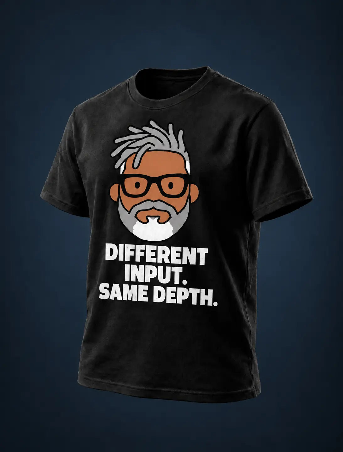 DIFFERENT INPUT. SAME DEPTH. Black tee with flat GP head print