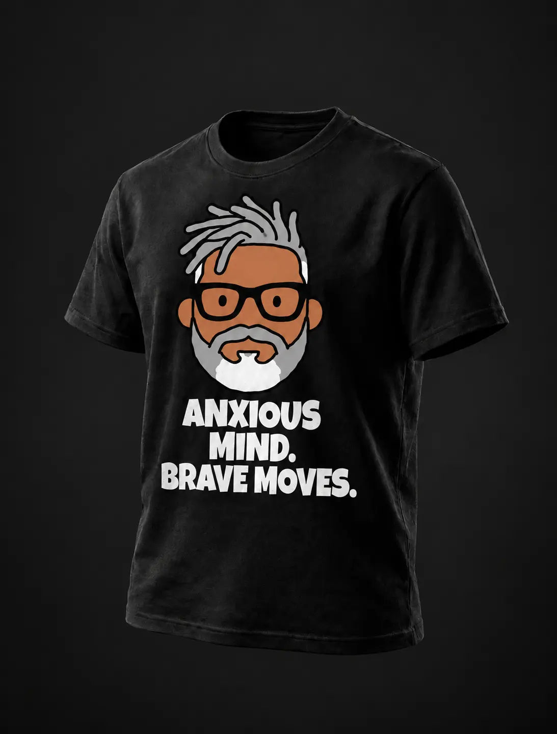 ANXIOUS MIND. BRAVE MOVES. Black tee with flat GP head print